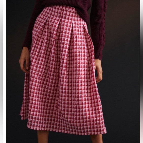 Anthropologie Eva Franco Textured Plaid  Pink Midi Skirt - Regular& Petite - Picture 2 of 4